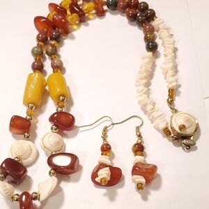 Brown Agate Stone Carnelian Nugget Gemstones Swirl Sea Shell Heishi Necklace Set